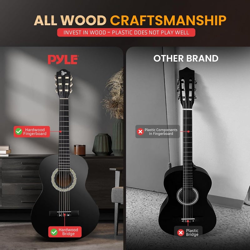 Pyle Beginner Acoustic Guitar Kit, 1/4 Junior Size All Wood Instrument for Kids, Adults, 30" Black Matte - Image 4